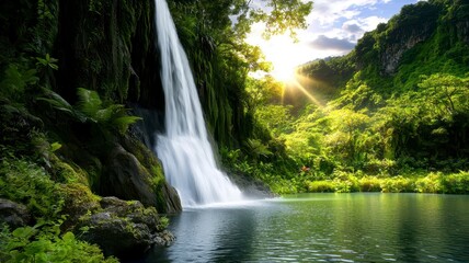 Tropical waterfall lagoon tranquil concept. A serene waterfall cascades into a tranquil pool, surrounded by lush greenery and illuminated by sunlight filtering through the trees.