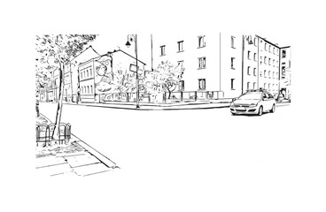 Print Building view with landmark of Bydgoszcz Poland. Hand drawn sketch illustration in vector.