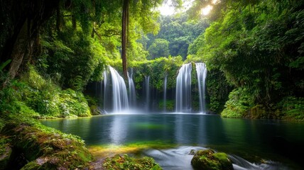Obraz premium Tropical waterfall lagoon tranquil concept. A serene waterfall cascades into a peaceful pool, surrounded by lush greenery and sunlight filtering through the trees.