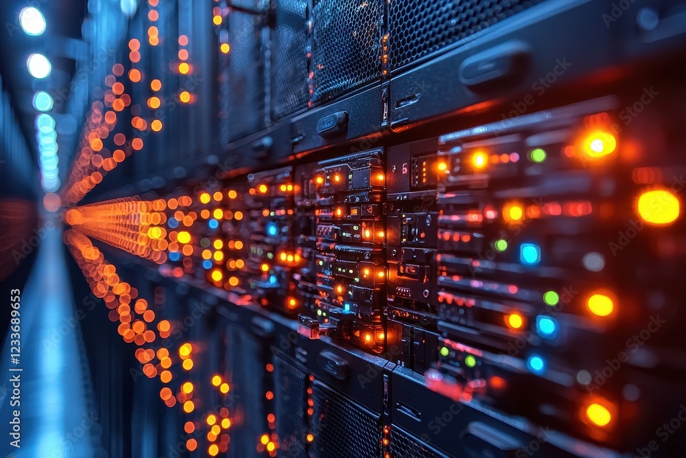 Poster a server room filled with blinking lights and data storage units.