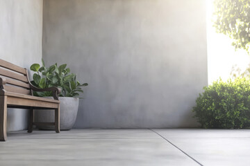 Cozy outdoor corner with bench and plants under soft sunlight in serene setting