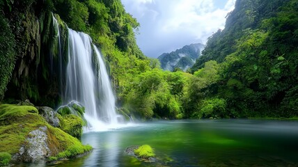 Fototapeta premium Tropical waterfall lagoon tranquil concept. A serene waterfall cascades into a tranquil pool, surrounded by lush greenery and majestic mountains under a bright sky.