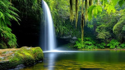 Fototapeta premium Tropical waterfall lagoon tranquil concept. A serene waterfall cascades into a tranquil pool, surrounded by lush greenery, creating a peaceful and idyllic natural landscape.