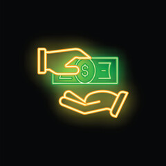 Neon style icon of a hand giving a banknote to another hand