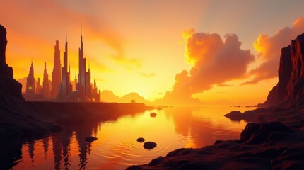 Naklejka premium A Stunning Dystopian Cityscape at Sunset Reflecting on Calm Waters with Towering Skyscrapers