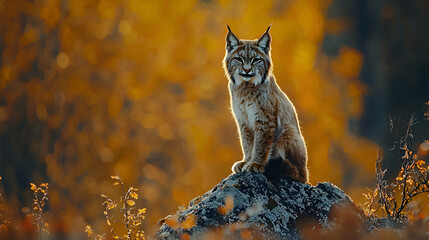 Majestic Lynx in Serene Autumn Forest Setting With Vibrant Orange Foliage and Rocky Surface