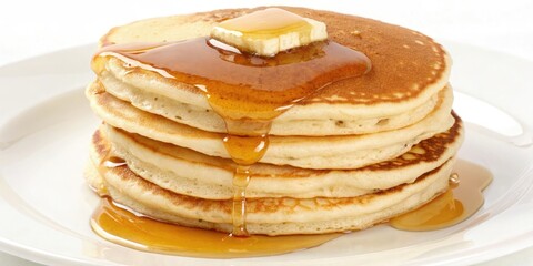 Pancakes stacked high with a golden brown syrup pool, plate, utensil