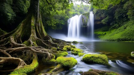 Tropical waterfall lagoon tranquil concept. A serene landscape featuring a majestic waterfall cascading into a lush, green pool surrounded by vibrant foliage and moss-covered rocks.