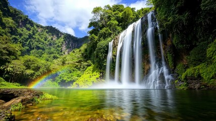 Tropical waterfall lagoon tranquil concept. A stunning waterfall cascades into a serene pool, surrounded by lush greenery and a vibrant rainbow arching across the sky.