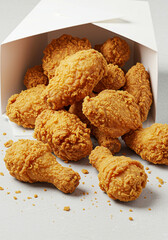 Freshly fried crispy chicken pieces spilling out of a takeaway box onto a clean white surface.