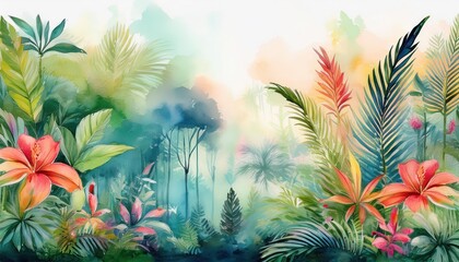 Vivid Watercolor Masterpiece Lush Tropical Rainforest Scene Filled with Exotic Flora and Fauna, Bathed in Soft Light, Showcasing the Rich Biodiversity of a Jungle Paradise