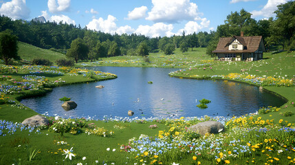Obraz premium Cottage by flower-filled lake, idyllic valley background, peaceful spring scene, ideal for travel brochures