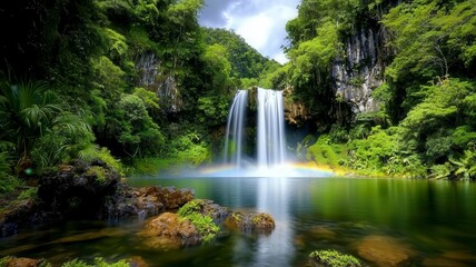 Tropical waterfall lagoon tranquil concept. A serene waterfall cascades into a tranquil pool, surrounded by lush greenery and vibrant flora, creating a picturesque natural landscape.