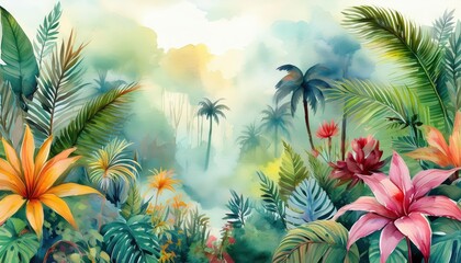 Exotic Tropical Paradise A Stunning Watercolor Masterpiece Showcasing an Abundance of Flora and Fauna in a Lush Jungle Landscape, Bathed in Soft Colors.