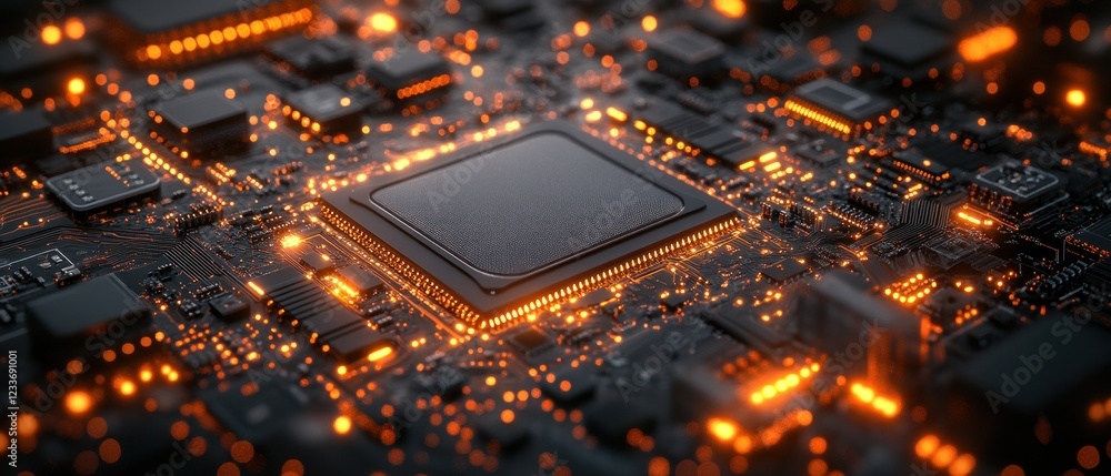 Aufkleber close-up view of glowing microchip circuit board