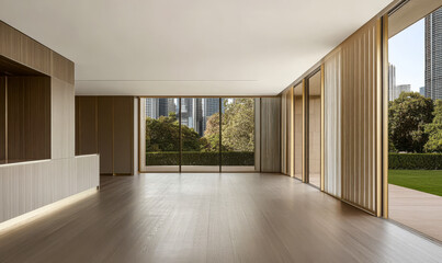 Obraz premium Modern interior design showcasing open space with city views and natural light