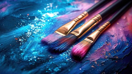 Obraz premium Three paintbrushes rest on a vibrant, textured canvas, showcasing a spectrum of colors and artistic potential.