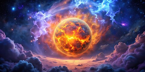 Obraz premium Vibrant orange fireball rising high in a starry night sky against an alpha background, with swirling clouds of purple and blue gas