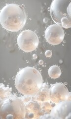Softly glowing bubbles floating in a white background with scattered cotton fibers, peaceful atmosphere, fiber optics, airy