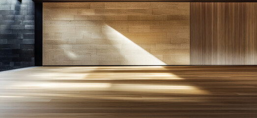 Modern interior design featuring light play and wooden textures in a minimalist space