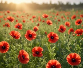 Fototapeta premium Soft focus background with delicate red poppies in a field against a warm sunlight, countryside, floral background