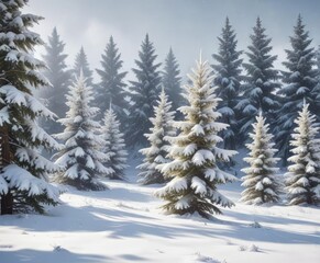 Snowy fir trees on white background with light flakes , calm, serene