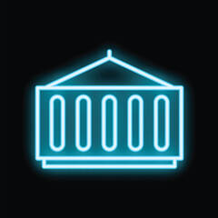 Blue neon sign illuminating a shipping container hanging on a black background
