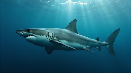 Fototapeta premium Majestic Great White Shark Underwater: Stunning Photorealistic Digital Painting of Ocean Predator, Wildlife Art, Marine Life
