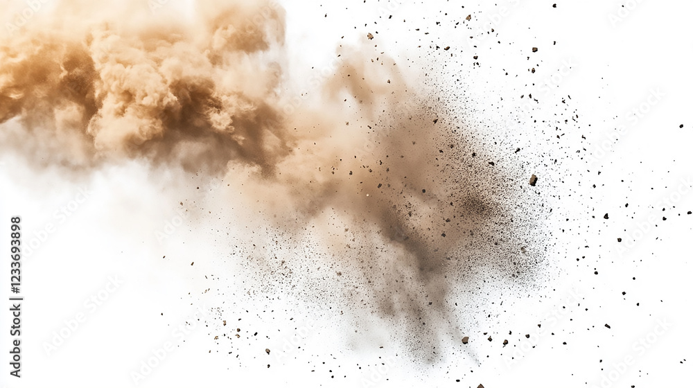 Poster dust cloud explodes upwards. ideal for action scenes, showing impact and power. dust cloud explodes 