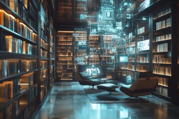 Modern library concept. Smart bookmarking technology integrating catalog entries with connected e-books and academic articles, offering a personalized and efficient browsing experience for researchers