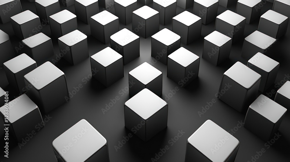 Poster abstract background of many metallic gray cubes in perspective view.