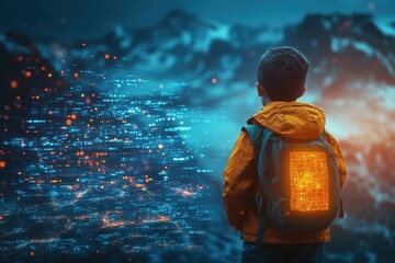 A curious child in a backpack, staring in awe at a mesmerizing digital landscape filled with glowing data points, representing his dreams exploration and the limitless potential of the technological