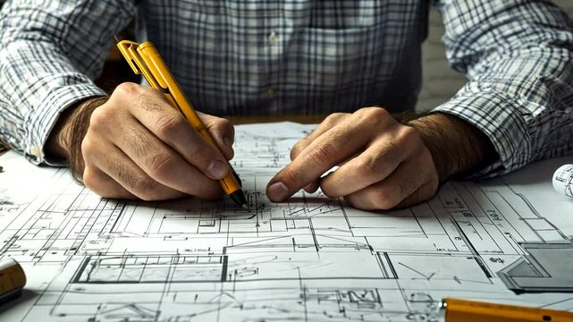 Architect reviewing blueprints, design process, office, planning