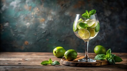 Aperitif mit Limetten und Minze in einem Weinglas, gesetzt auf einem altmodischen Tisch , altmodisch, limetens
