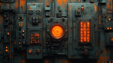 Glowing futuristic control panel, rusty texture, orange lights, sci-fi background, tech design