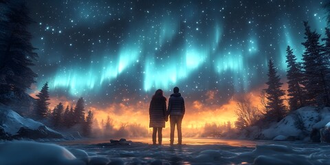 Fototapeta premium Couple Admiring the Mesmerizing Aurora Borealis in a Serene Winter Landscape
