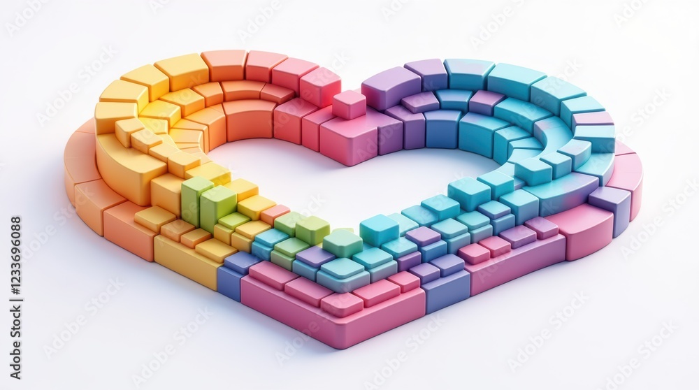 Poster colorful geometric heart shaped pattern made from stacked cubes and blocks in various shades