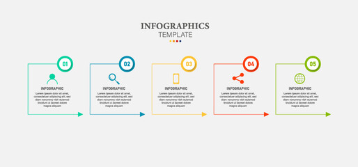 Concept of arrow business model with 5 successive steps. Timeline design for brochure, presentation. Infographic design layout.