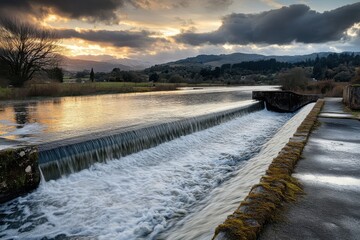Naklejka premium Serene Sunset Overflowing Waterfall at Scenic Reservoir with Majestic Mountains and Dramatic Cloudy Sky in Tranquil Natural Landscape