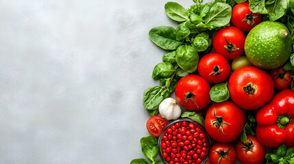 Fresh tomatoes, basil, and garlic on grey background. Recipe design