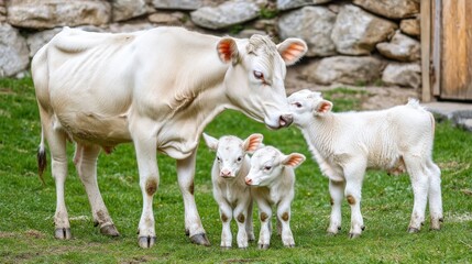 Fototapeta premium White cow with two calves in a grassy field near a stone wall.