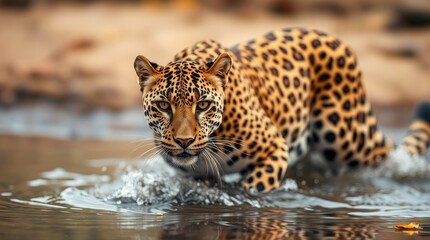 Obraz premium Majestic Leopard in Water: A Dramatic Wildlife Close-Up