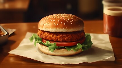 A classic chicken sandwich featuring a golden-brown crispy chicken patty, fresh green lettuce, thick slices of ripe red tomato, and a sesame seed bun. 