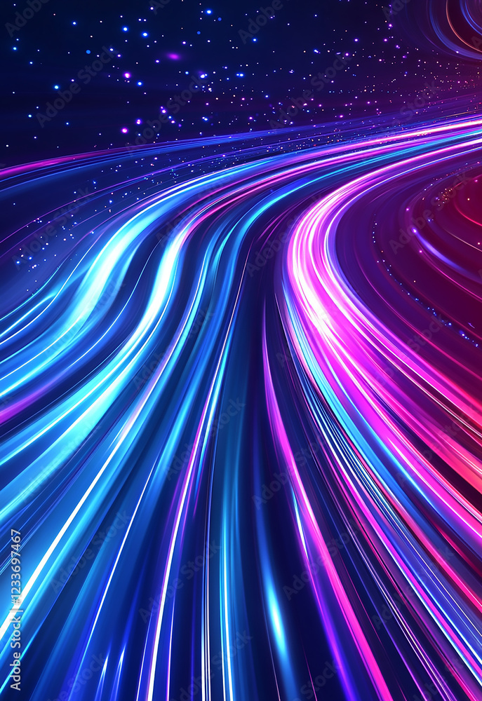 Poster abstract blue light speed lines background, fast moving in curved path with motion blur effect speed