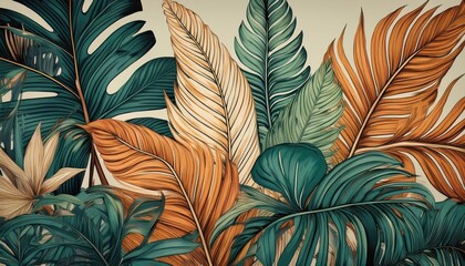 Stunning Vintage Botanical Illustration of Exotic Tropical Leaves, Embracing a Boho Style Wallpaper Design, Featuring Rich Greens, Textured Veins, and Warm Earthy Colors Perfect for Digital Art,