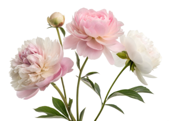 A close-up of delicate pink and white peonies with soft petals, isolated on a white background. perfect for floral designs, spring, and Mother's Day celebrations. Bright, fresh, and elegant.
