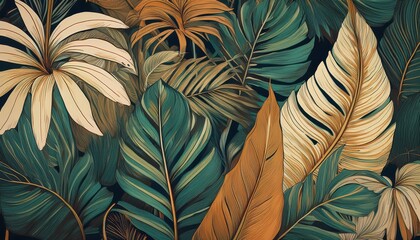 Stunning Vintage Botanical Illustration of Tropical Leaves, Bohemian Style Wall Art with a Warm, Inviting Aura Perfect for Modern Interiors and Tropical Dcor