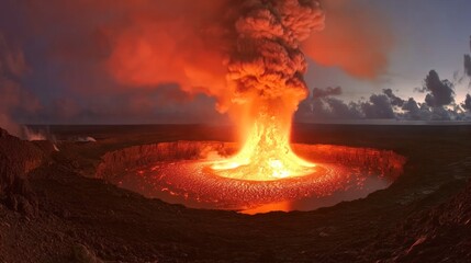 Fiery volcanic eruption at night, lava flowing into crater lake, smoke billowing.