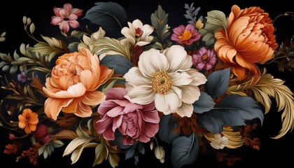 Elegant Baroque Vintage Bouquet of Flowers Against a Rich Black Backdrop A Stunning Floral Artistry Steeped in OldWorld Charm and Opulence