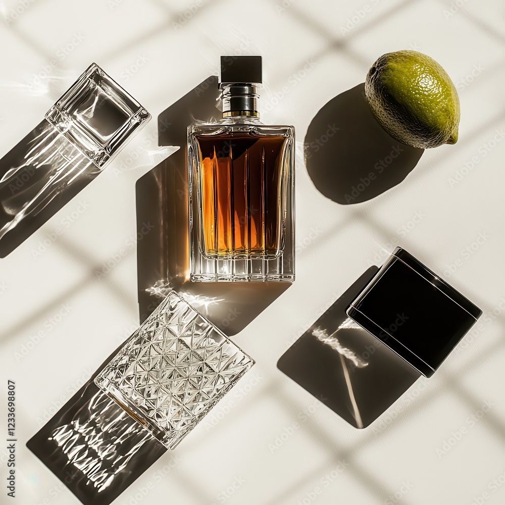 Poster contrasting feminine and masculine objects on a table minimalist setting bright lighting topdown ang